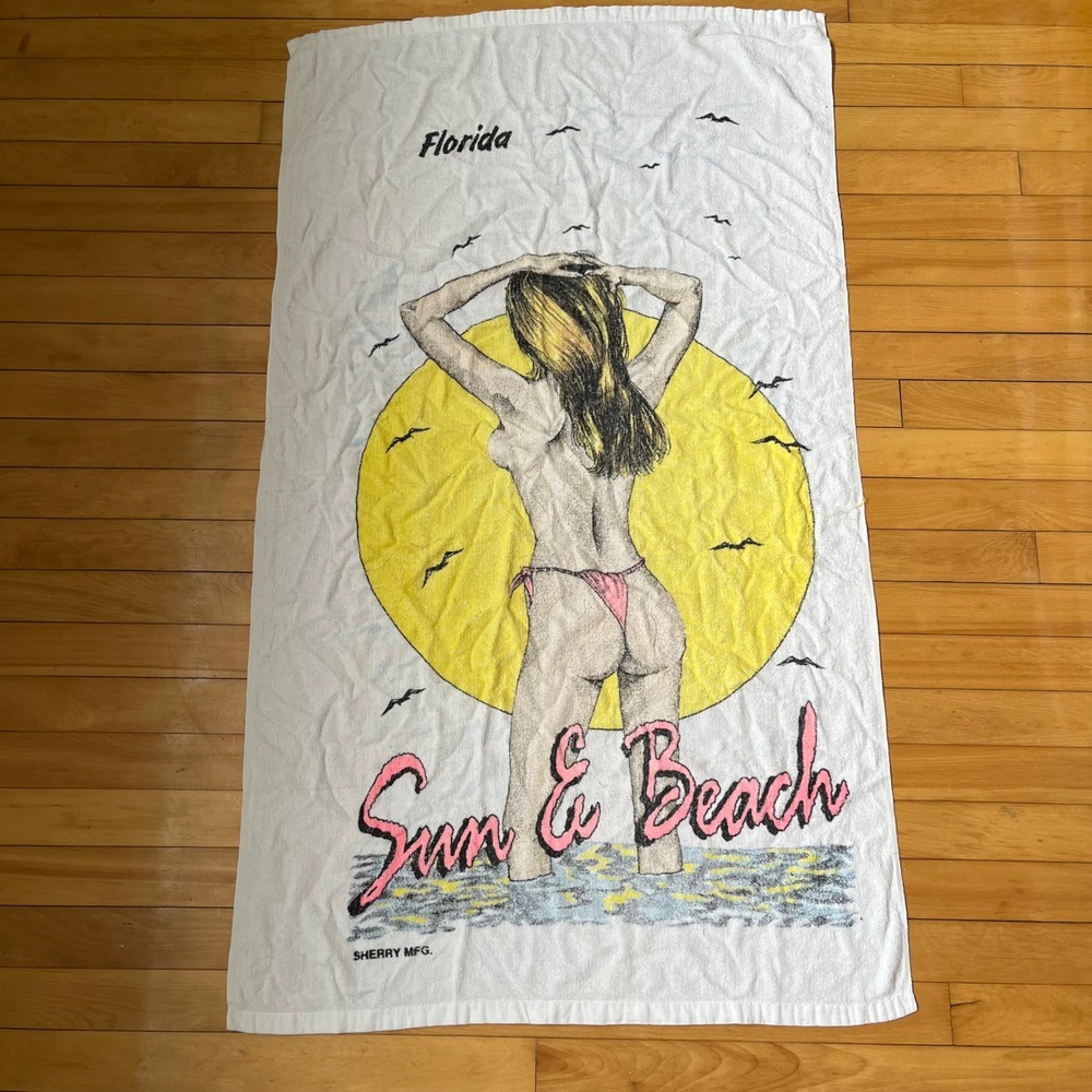 Vintage Sherry Mfg Florida Sun & Beach Towel Bikini Graphic White 29x55